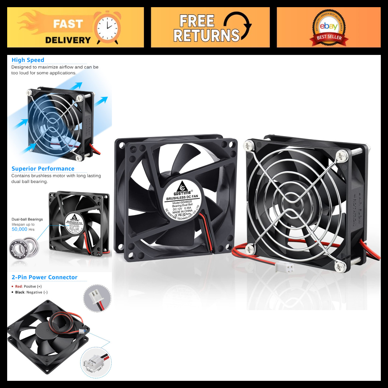 80mm x 25mm Dual Ball Bearing Cooling Fan - High Speed 12V, 2-Pack, 2Pin