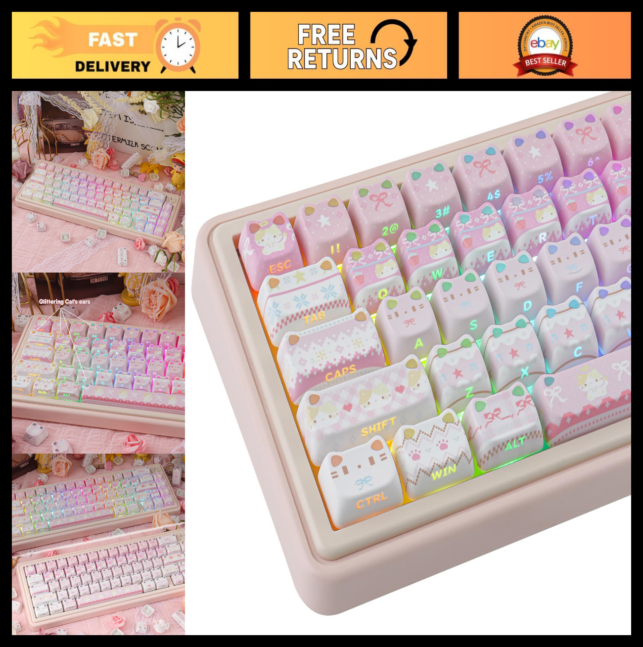 113 Keys PBT Keycaps - Side Print Shine Through Pink Meow Meow Gaming Keycap Set