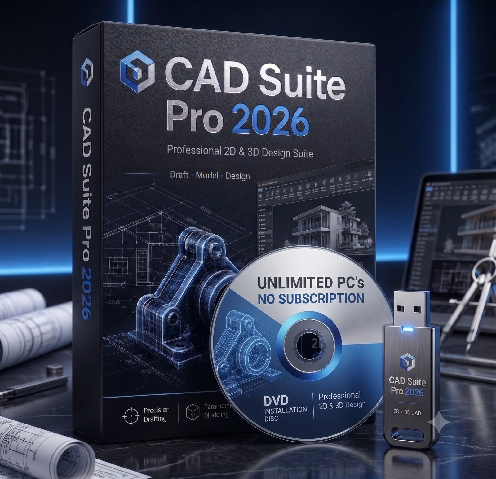 CAD Suite 2026 USB 2D Drafting 3D Modeling Software for Windows