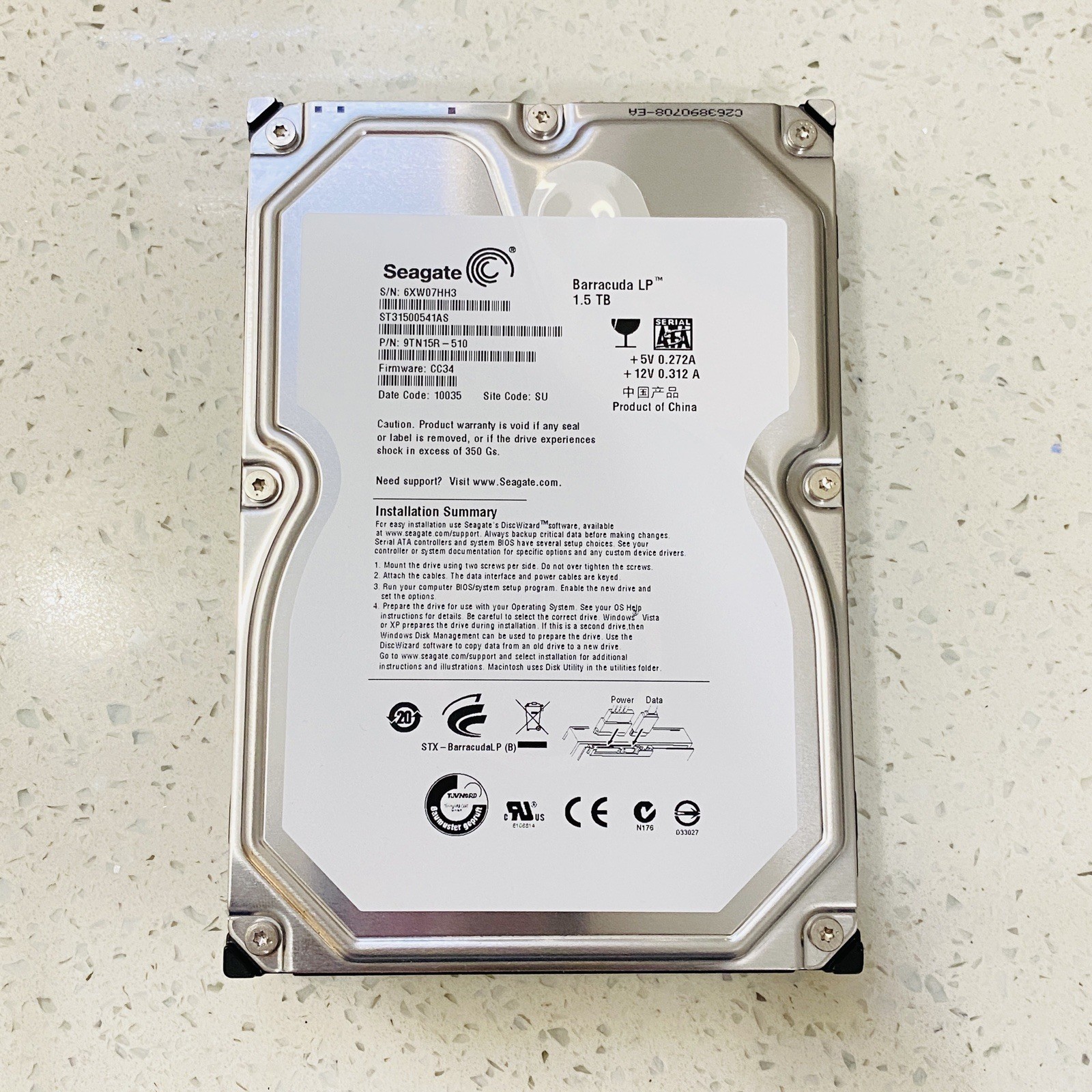 Seagate BARRACUDA ST31500541AS 9TN15R 1.5TB 5.9KRPM 3Gbps 3.5"SATA HDD HardDrive