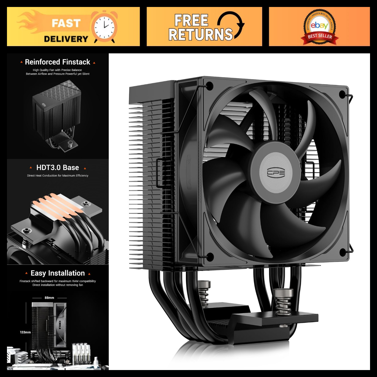 High-Performance CPU Air Cooler, 4 Heatpipes, 92mm PWM Fan, 180W TDP, AMD/Intel