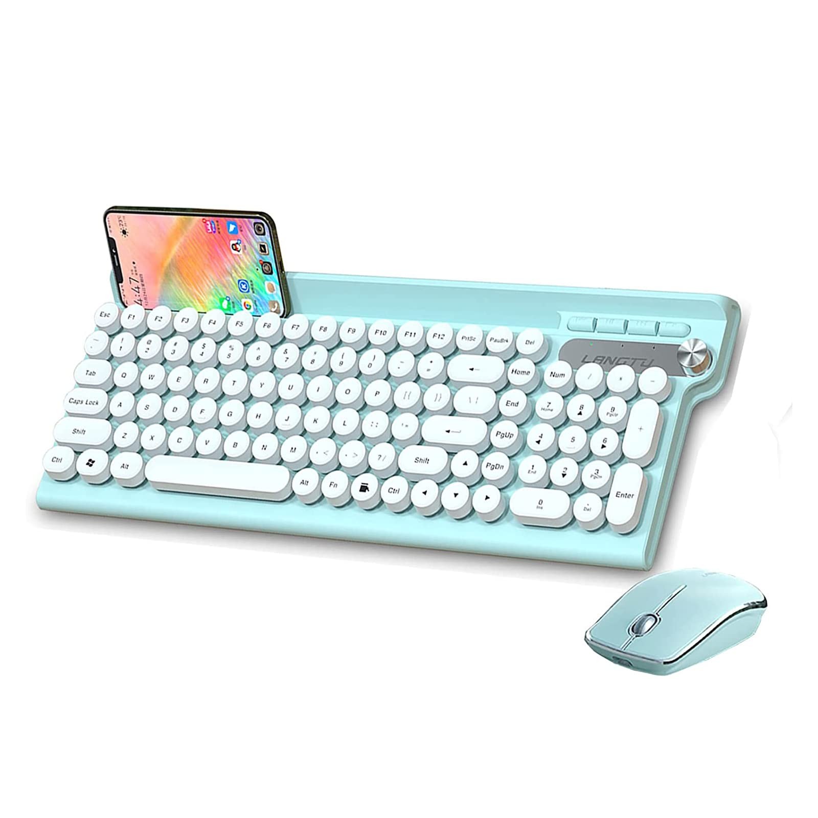 Wireless Mouse Keyboard Phone Holder 2.4G Full Size USB Rechargeable Cyan Fits