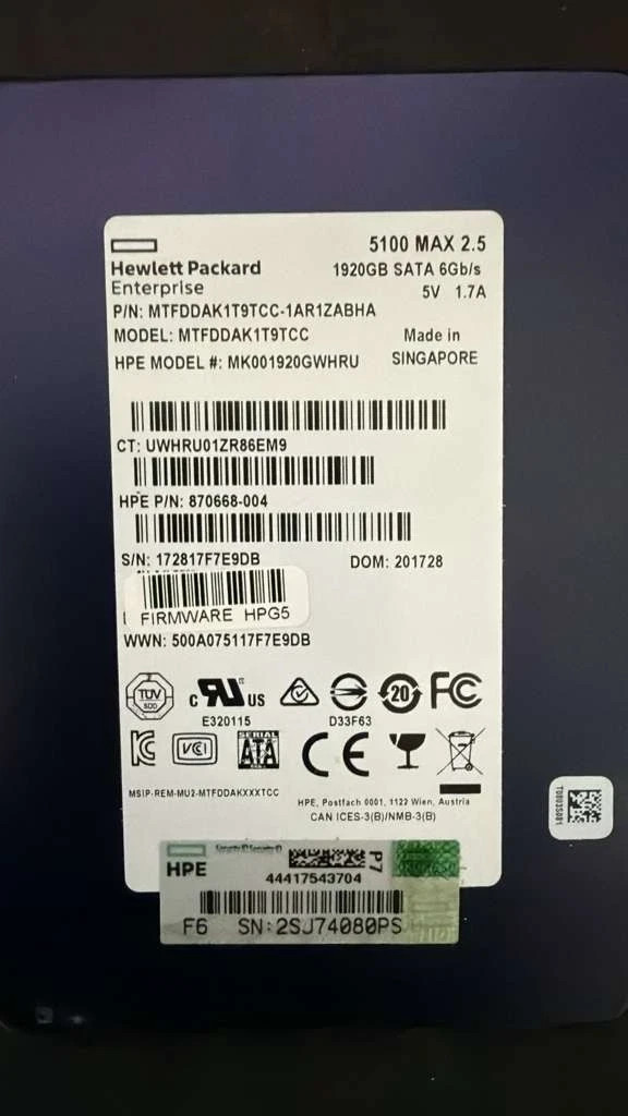 875478-B21 HPE 1.92TB  SATA 6G MIXED USE SFF SC  SSD 875867-001