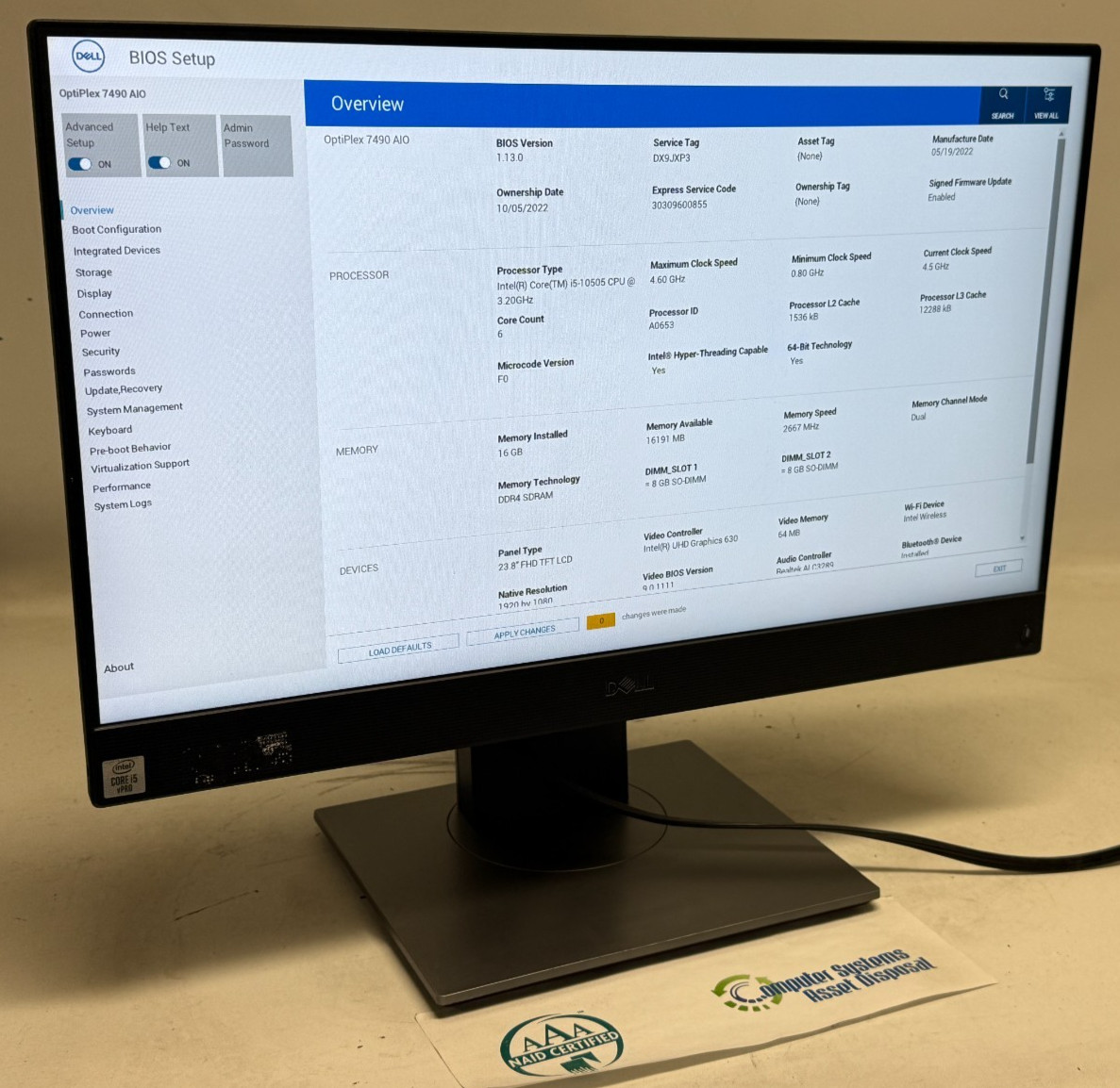 Dell OptiPlex 7490 AIO 23.8" (i5-10505 - 16GB RAM - 256GB SSD - Win11Home)