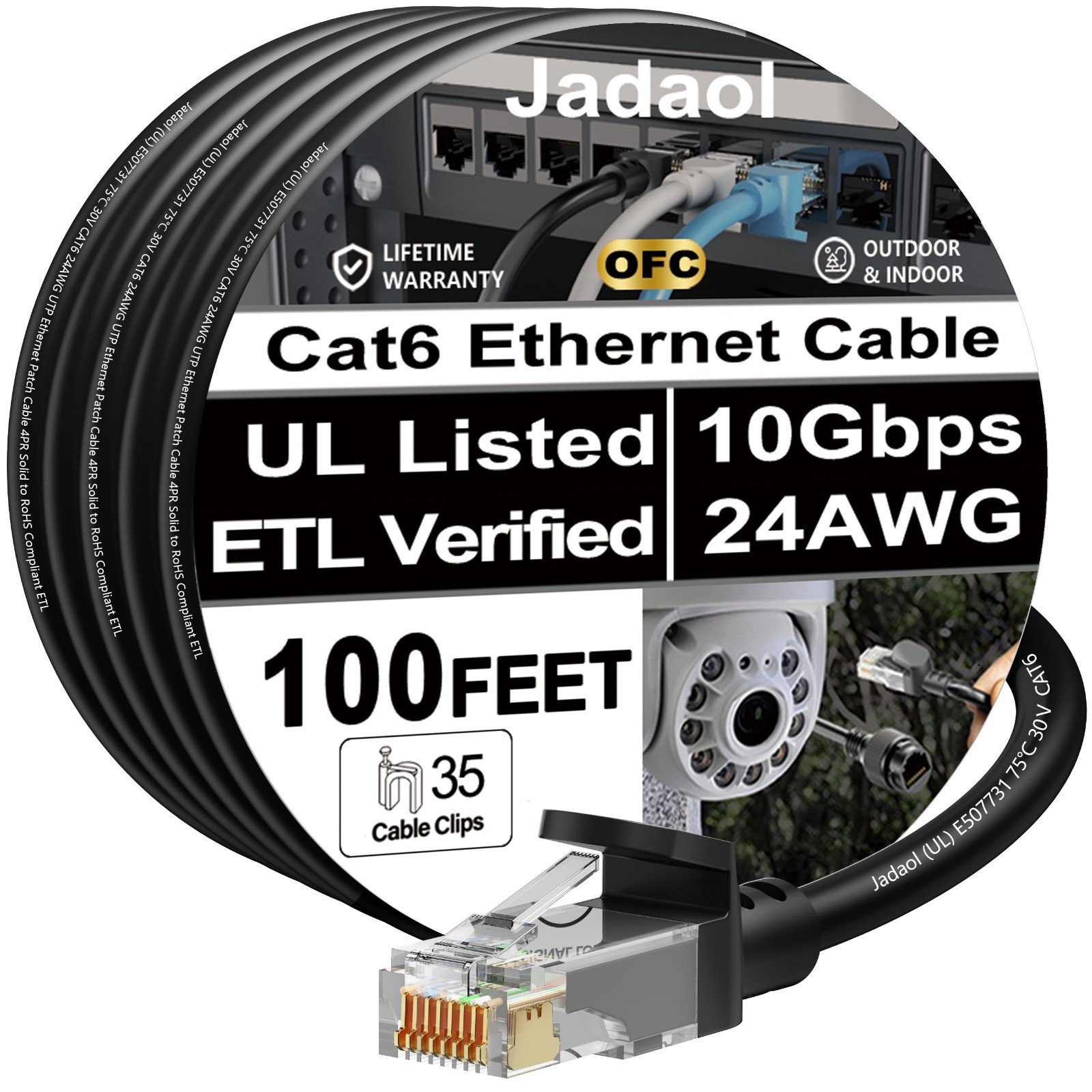100ft Cat6 Ethernet Cable, UL Listed, 10Gbps, PoE++, with Clips, Black, High-Spe