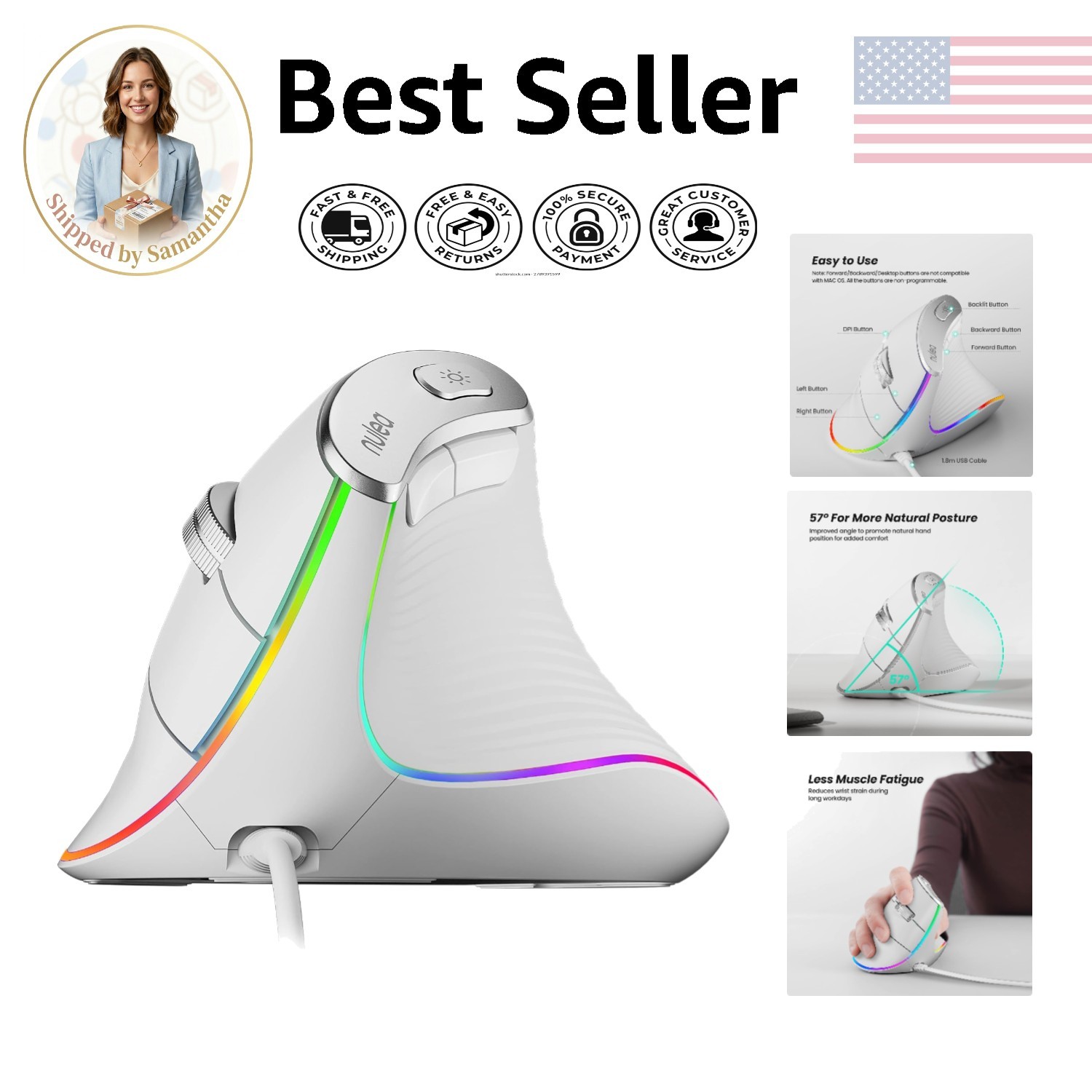M504 White Wired Vertical Mouse - Ergonomic Optical with 4 Adjustable DPI Levels