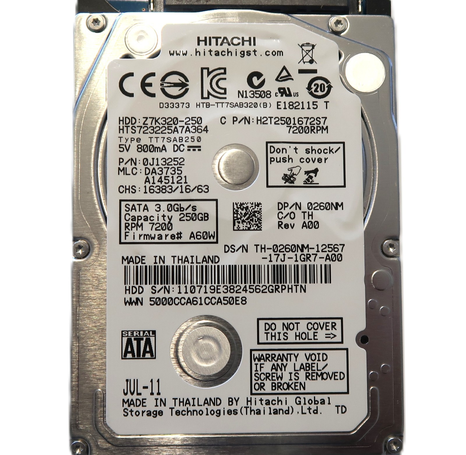 HTS723225A7A364 PN:0J13252 MLC:DA3735 Thailand 2.5" 250gb Sata HDD JUL-11