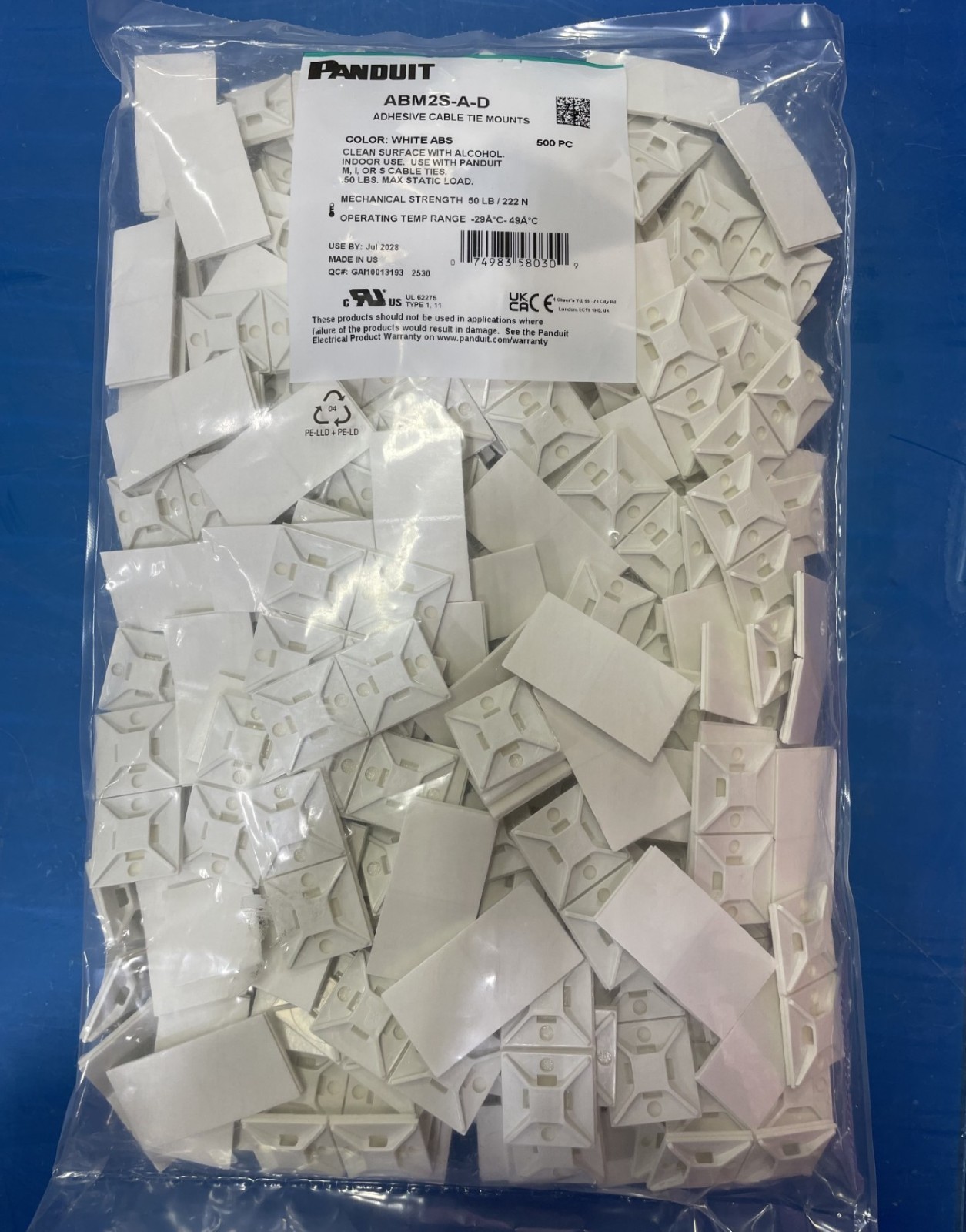 Panduit ABM2S-A-D Adhesive Backed Cable Tie Mount, 4-Way, 1” x 1”, White, PK/500