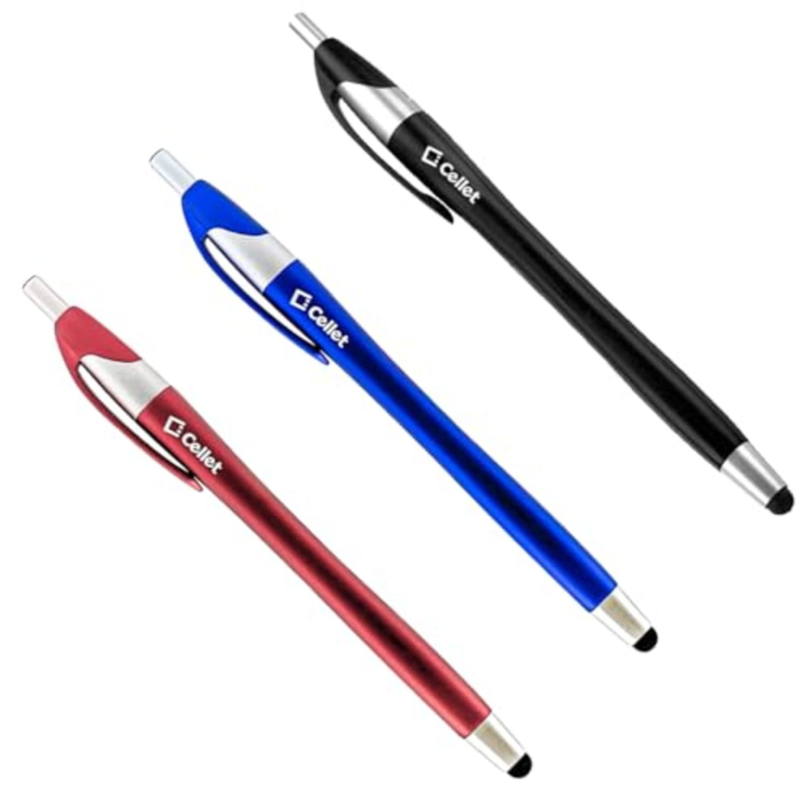 Cellet 3 Pack Touchscreen Stylus & Ink Pens Black Blue Red for Phones Tablets