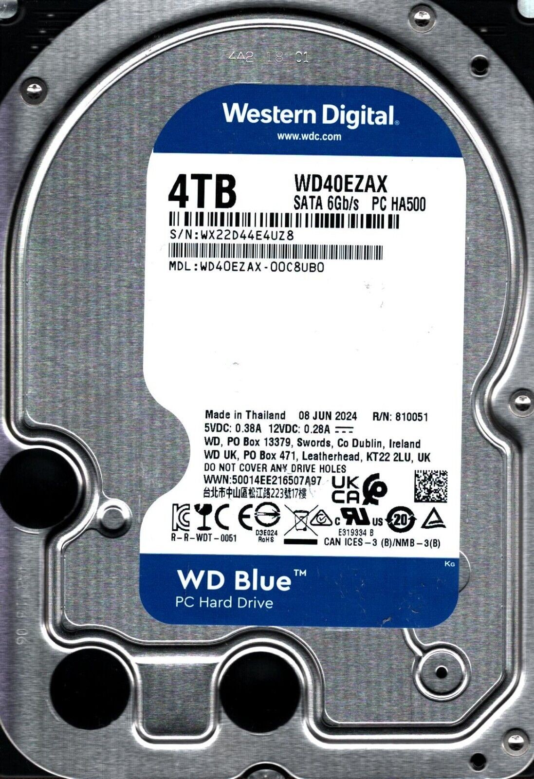 WD40EZAX-00C8UB0 S/N: WX22D WESTERN DIGITAL 4TB THAILAND JUN 2024