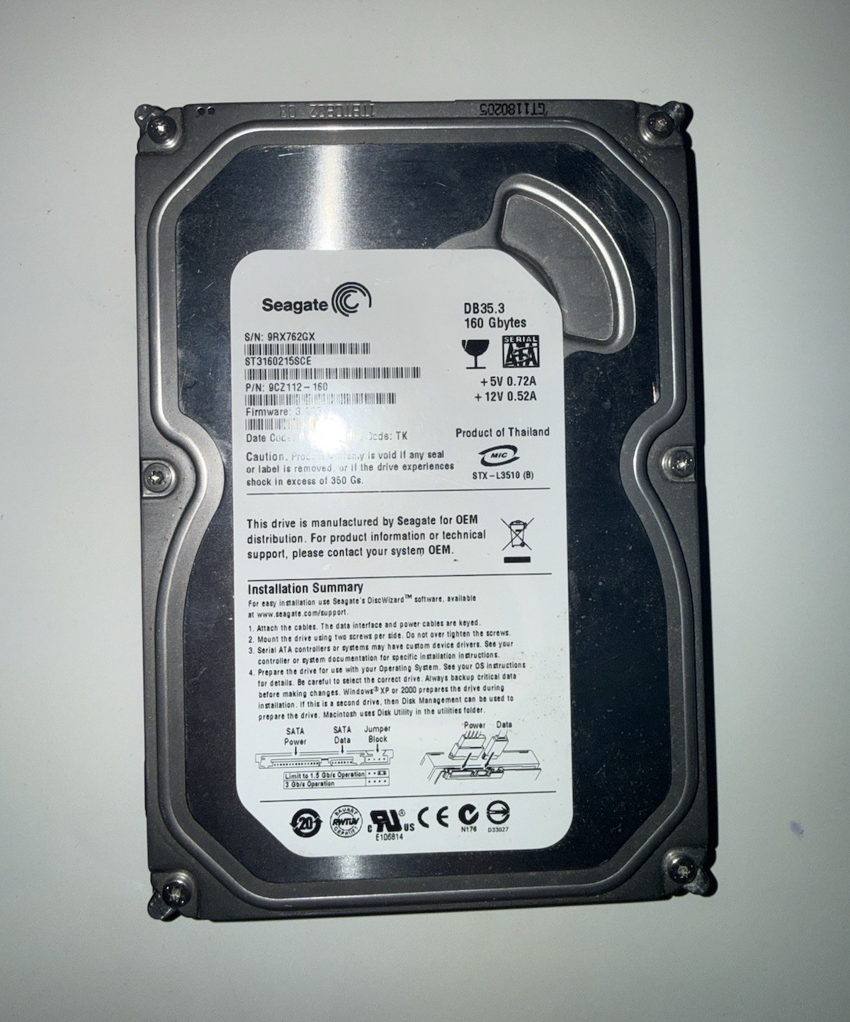Seagate DB35.3 ST3160215SCE 160GB 3.5in SATA 7200RPM 8MB HDD