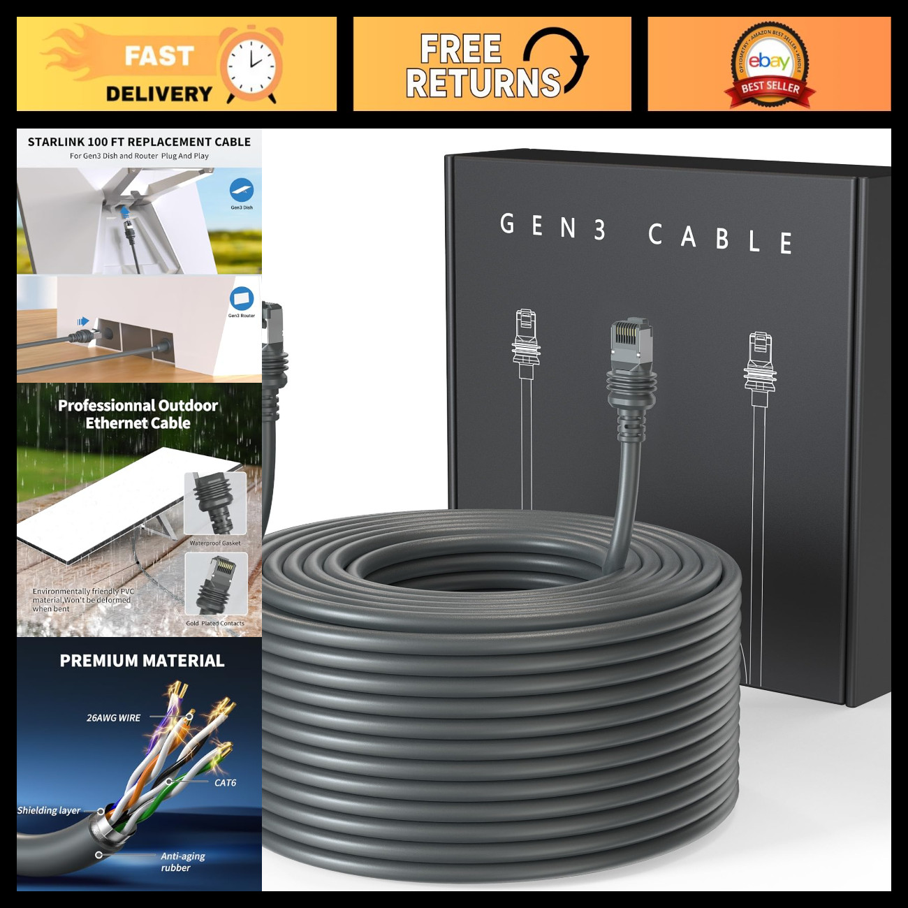 100FT Starlink Ethernet Cable - Compatible with Standard 4, Gen 3, V4, V5 - High