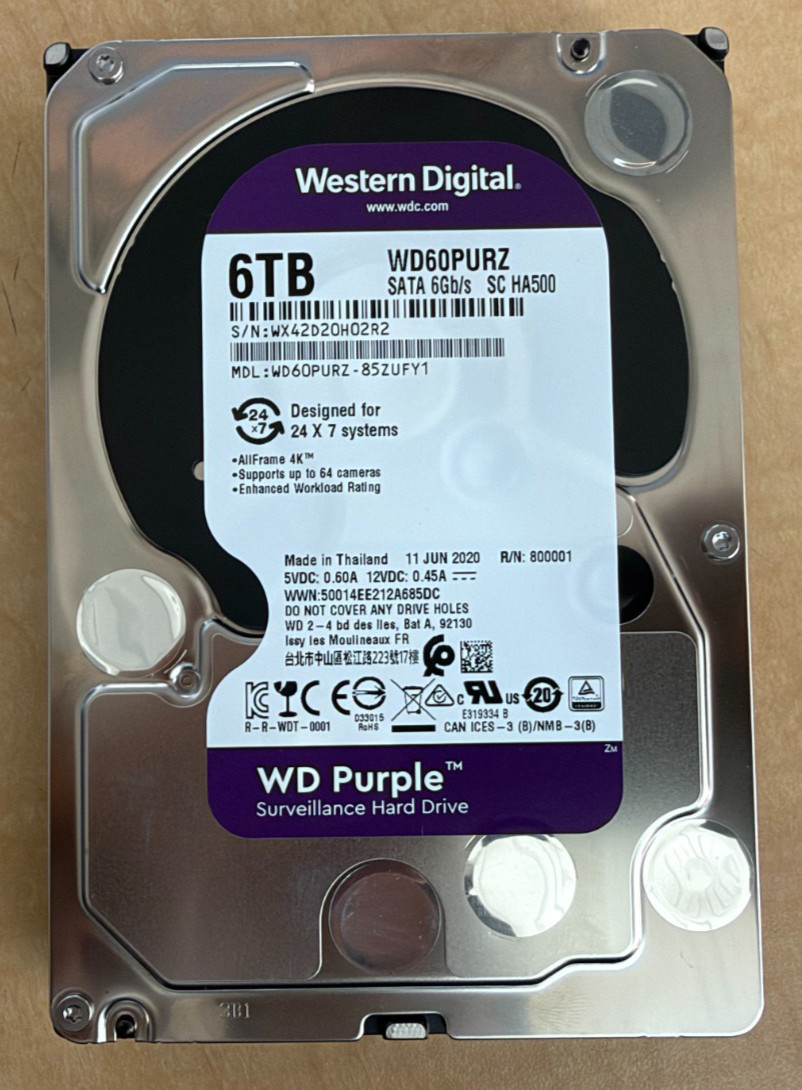 Western Digital 6TB 3.5" SATA HDD WD Purple WD60PURZ (Used 3 Years / 26,000 Hrs)
