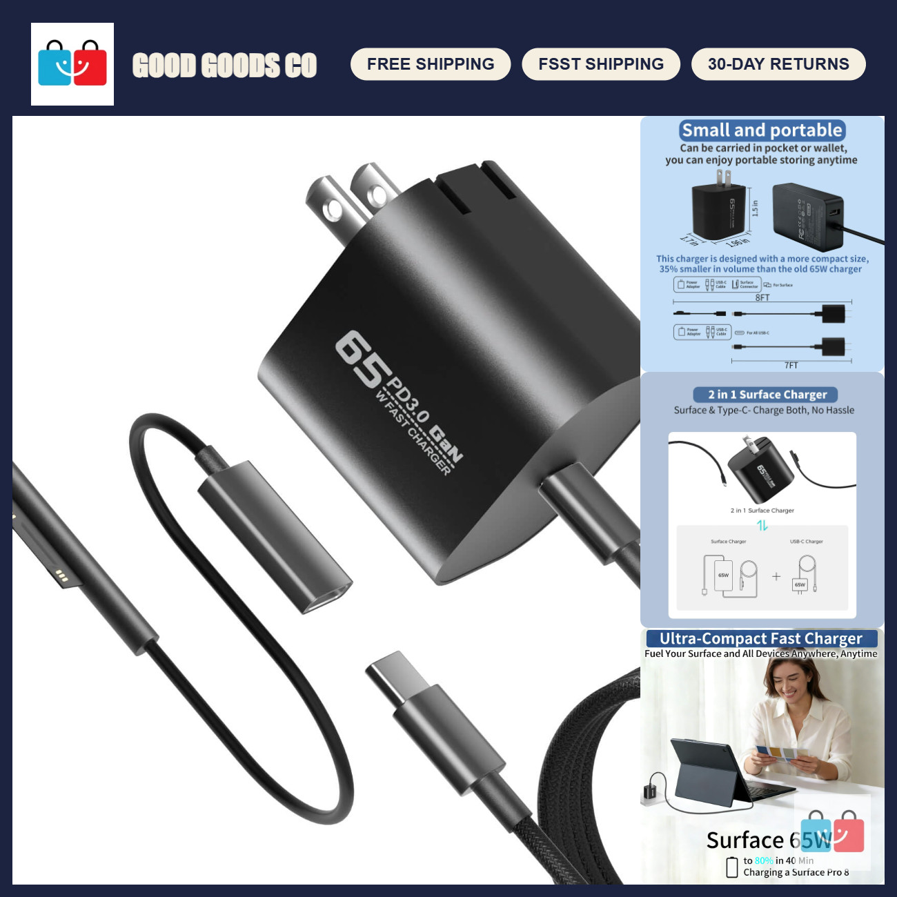 65W 45W USB C Charger for Surface Pro & Surface Book - Fast Charging, Compact De