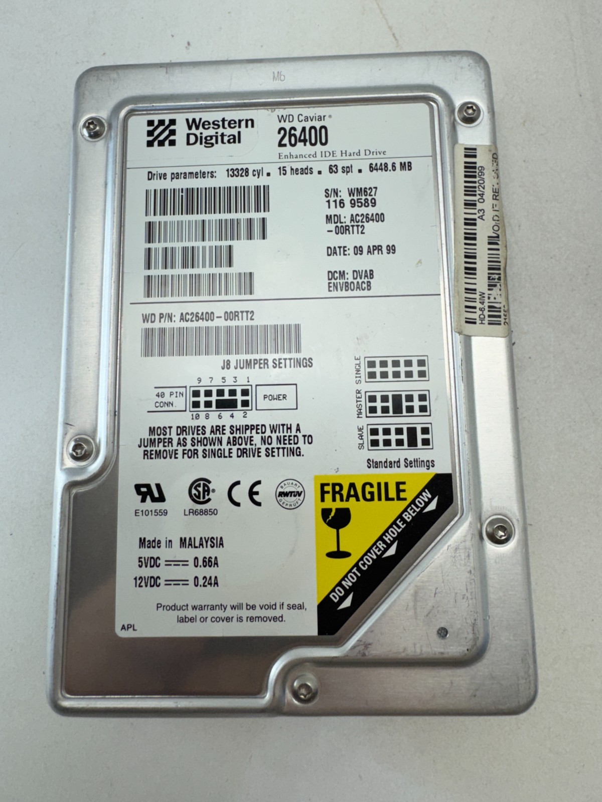 Western Digital AC26400-00RTT2 | 6.4GB IDE 3.5" Hard Drive | Vintage 1999