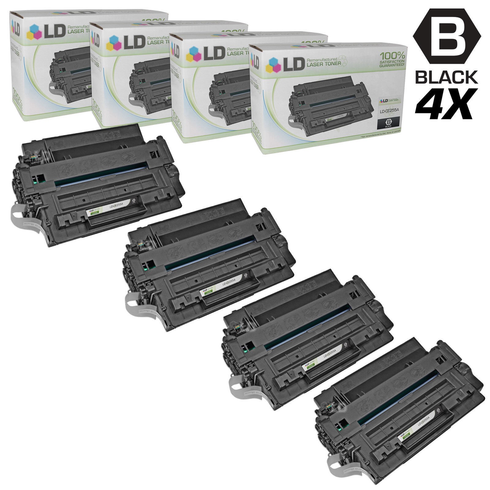 LD Reman Replacements CE255A 55A Set of 4 Black Toner for HP P3015 P3010 M525f