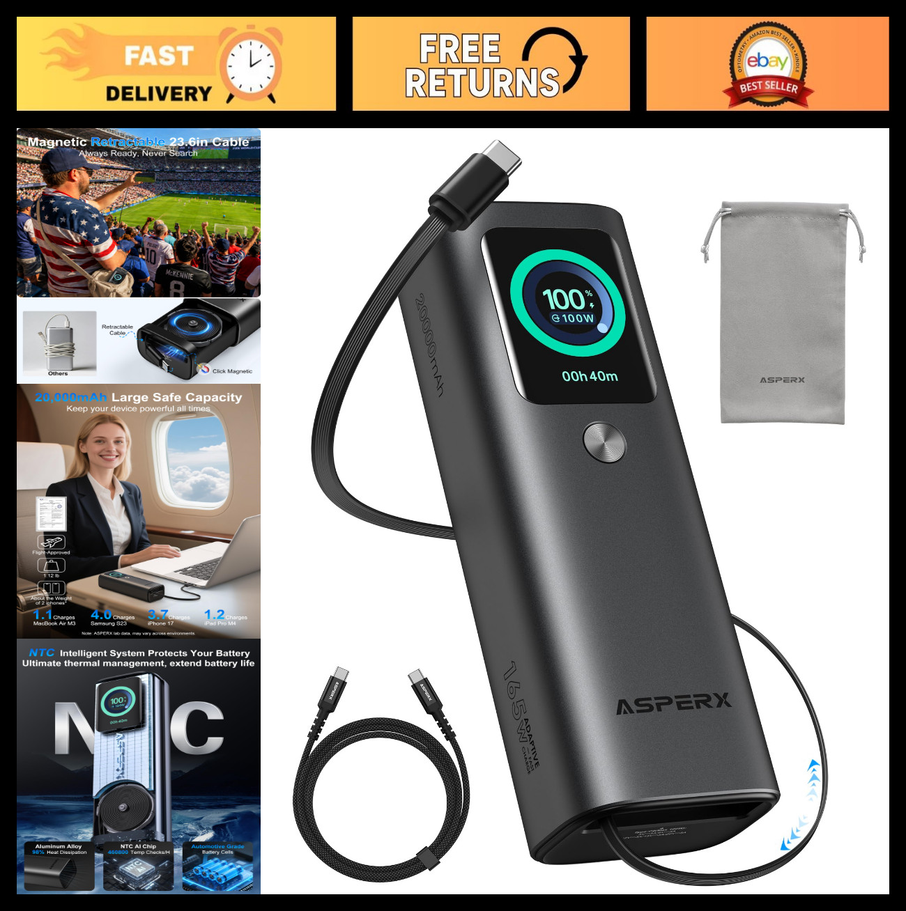 High-Capacity 165W Laptop Power Bank, 20,000mAh, Retractable Cable, Aluminum Des