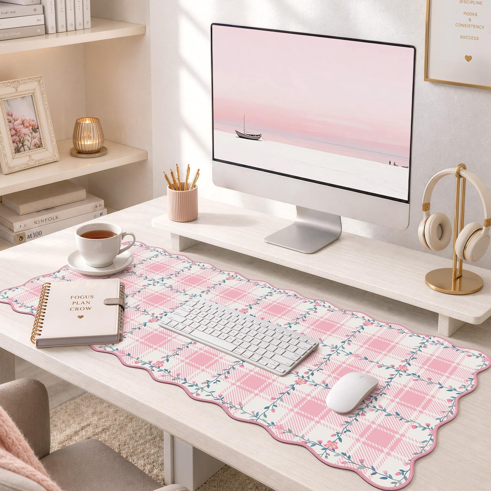 Light Pink Scalloped Writing Pad, 35.4"x15.7" Table Mat for Desk