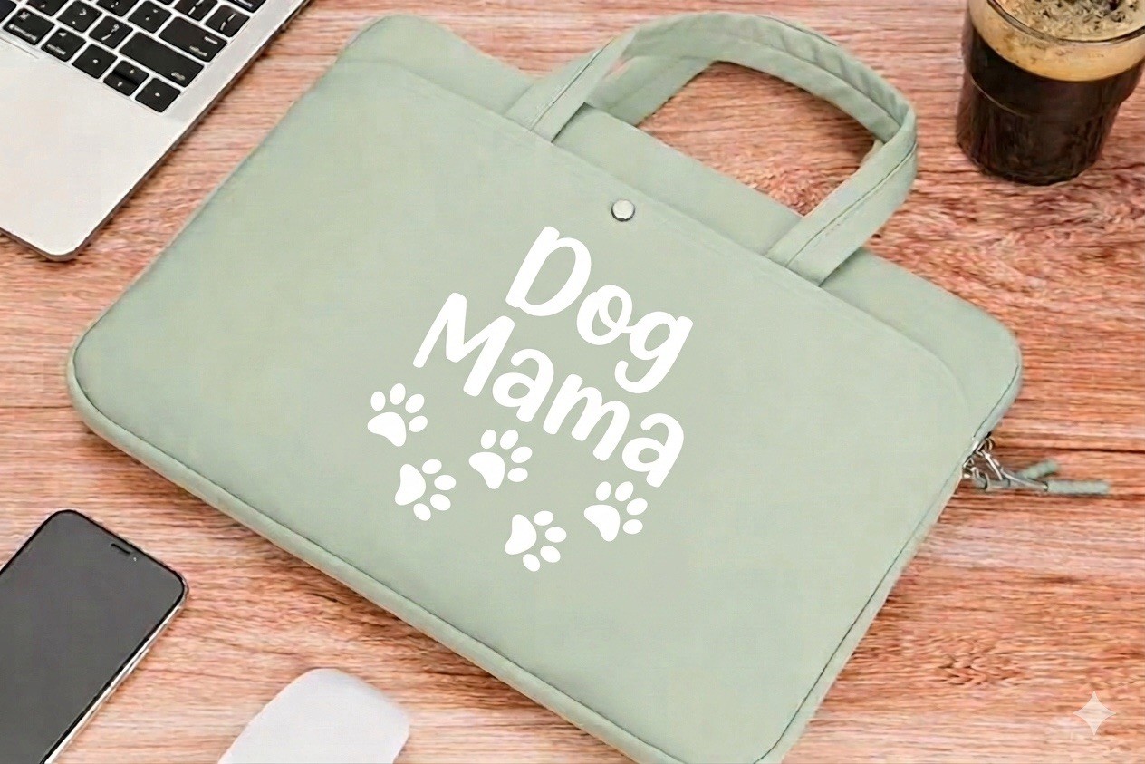 Green Neoprene Sleeve Case for 13in Laptop w/ Carry Handle, Dog Mama Print
