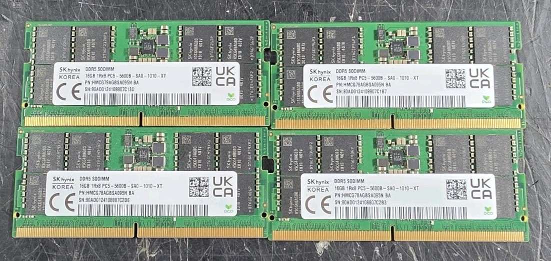 LOT OF 4 SK Hynix 16GB 1Rx8 PC5-5600B-SAO-1010-XT Laptop Memory HMCG78AGBSA095N 