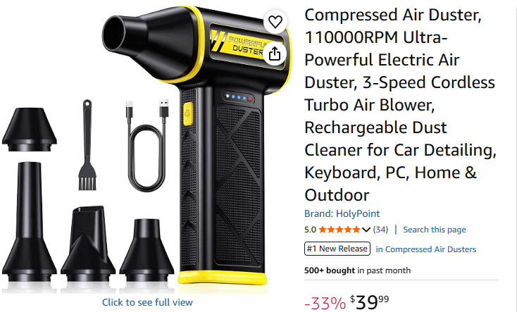 Compressed Air Duster, 110000RPM Ultra-Powerful Electric Air Duster, 3-Speed 