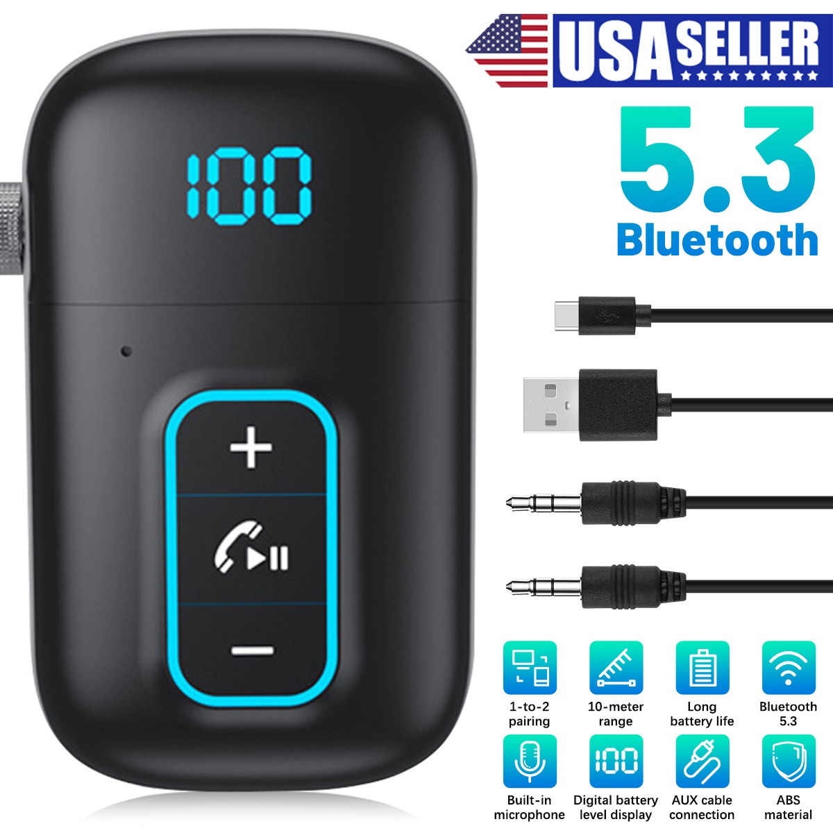 3.5mm AUX Bluetooth 5.3 Receiver Wireless Adapter Mic Dual Link For Car Radio