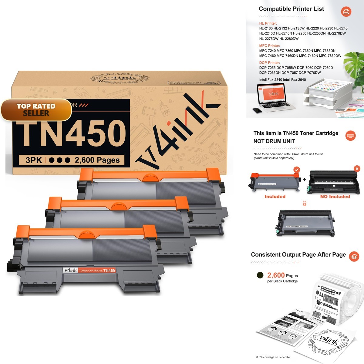 v4ink TN450 TN420 Toner Cartridge 3-Pack High Yield Black Replacement