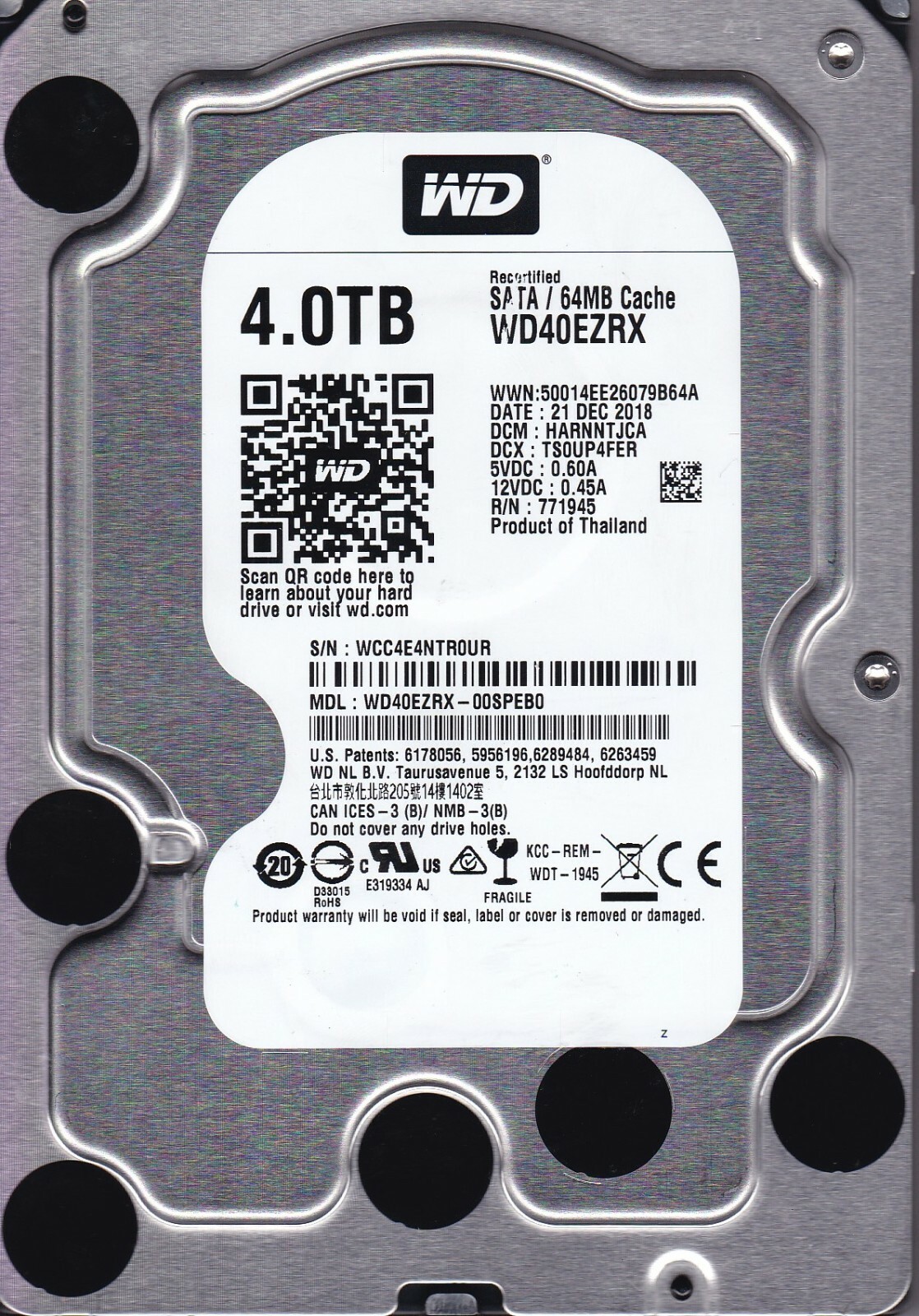 WD40EZRX-00SPEB0 dcm: HARNNTJCA s/n: WCC4E DEC 2018 4TB SATA 3.5 Western Digital