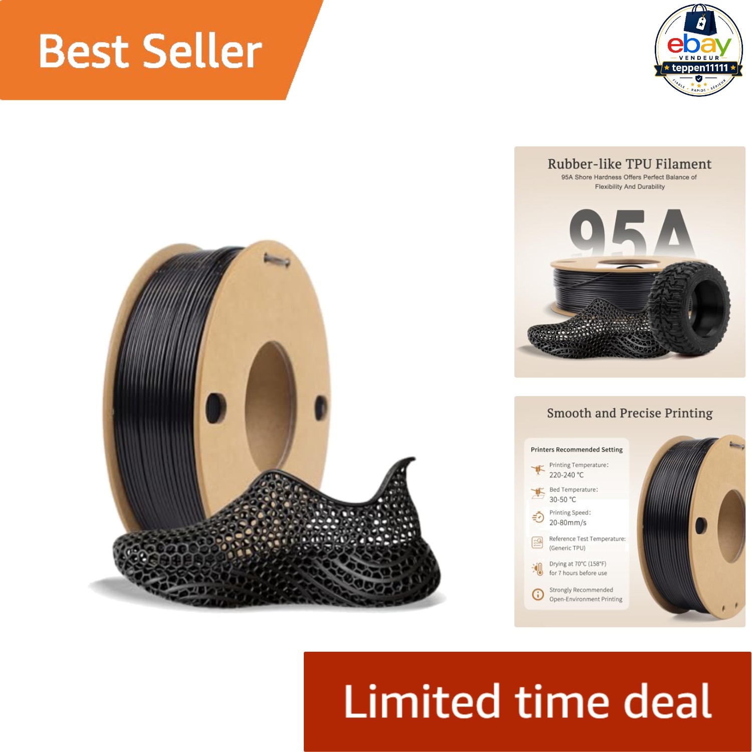 Flexible TPU 3D Printer Filament Black 250g 1.75mm 95A Shore Hardness