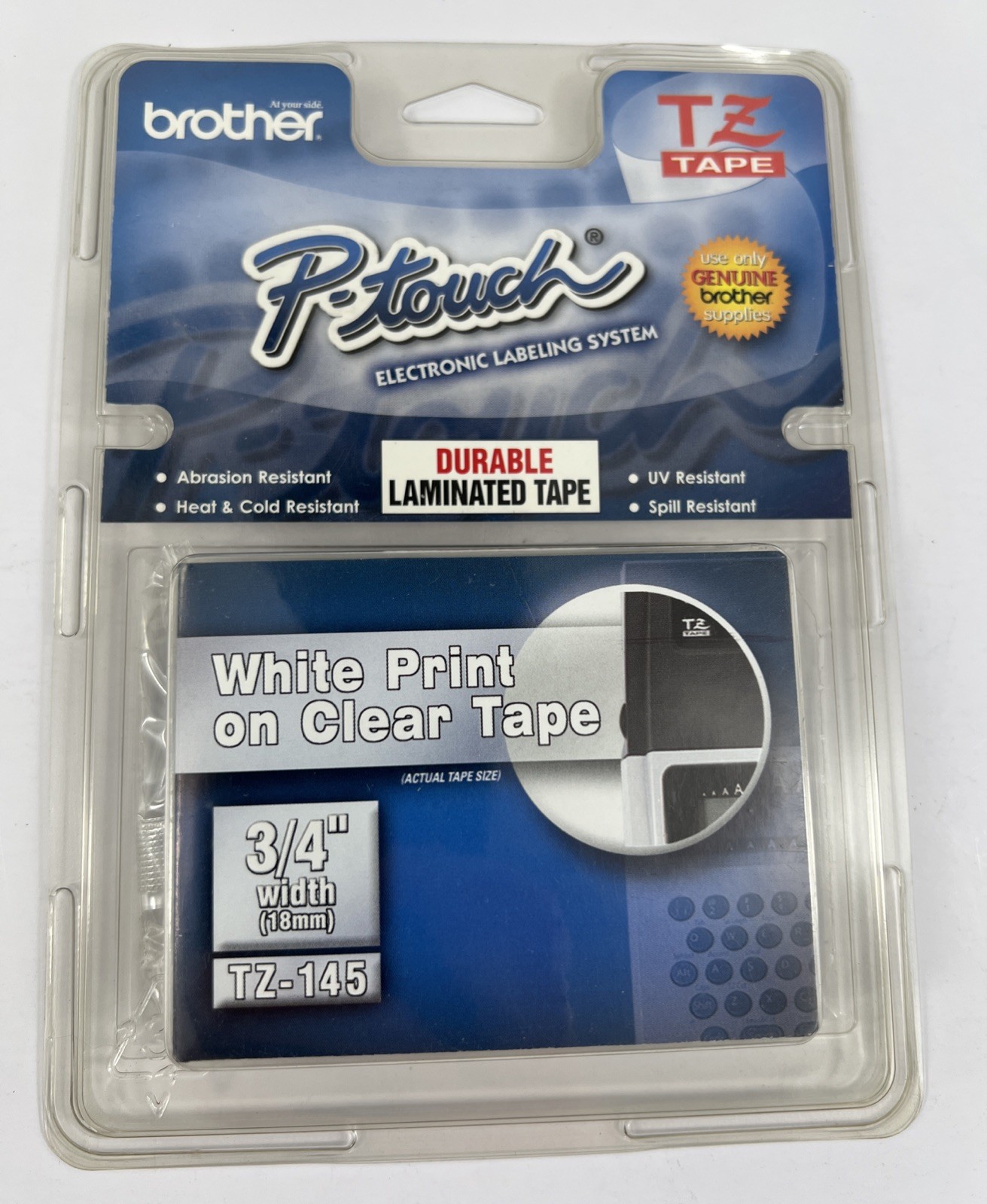BROTHER TZ-145 / 3/4" White on Clear Tape Cassette NEW