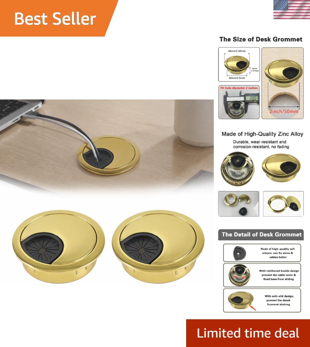 Metal Desk Grommet 2 Inch 50 mm Pack of 2-Bronze Zinc Alloy Metallic Desk Cor...