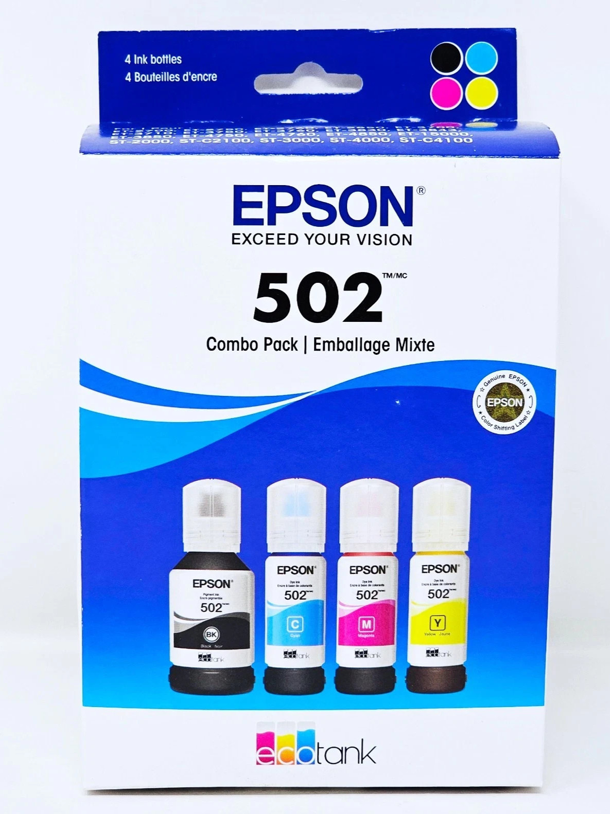 Genuine Epson 502 Ink Bottle Combo for ECO-TANK ET-Printers-OEM-4PK-NEW