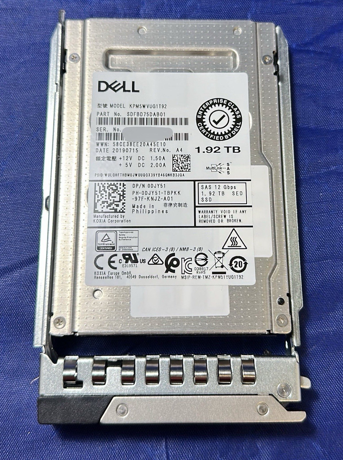 DELL DJY51 1.92TB SAS 12Gb/s 2.5in SED SSD 0DJY51 KPM5WVUG1T92