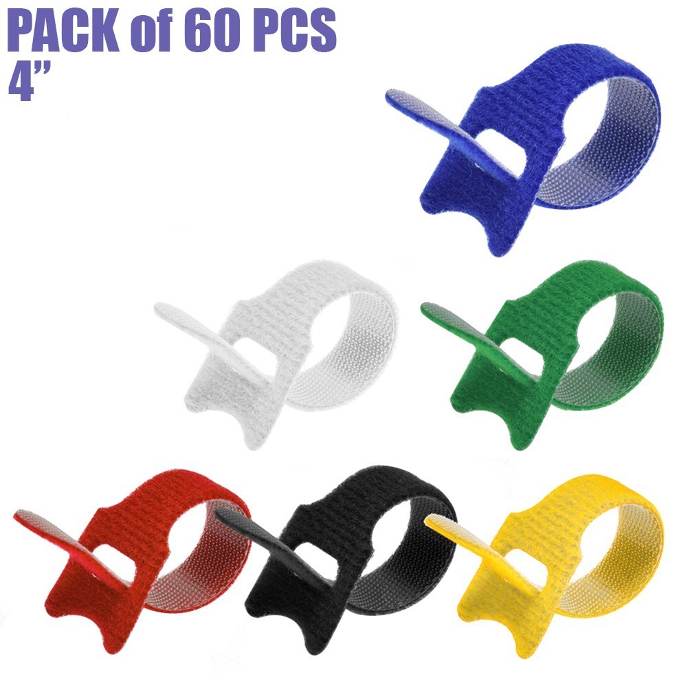 60 Pcs 4" Reusable Hook Loop Straps Cable Tie Cord Wire Wrap Fastener Multicolor