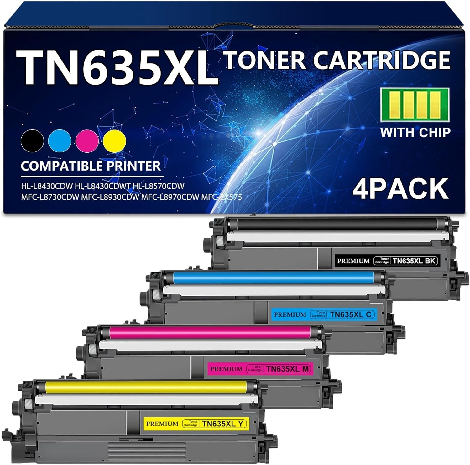 TN635XL TN635 Toner Cartridge Set (with Chip) 4 Pack Replacement for Brother TN6