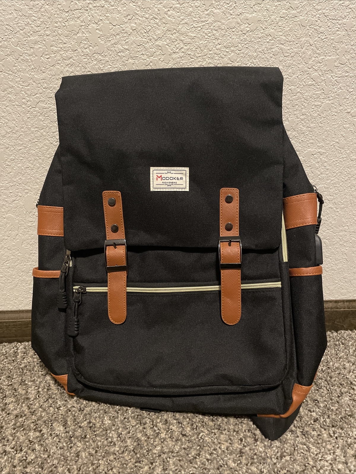 Modoker Black Laptop Backpack Fashion Bag Brown Buckles