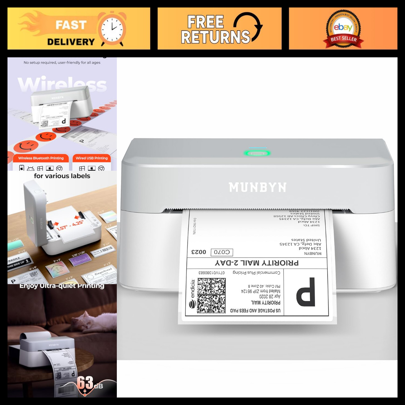 Wireless Bluetooth Thermal Label Printer - 4x6 Shipping Labels, Easy Setup, Fast