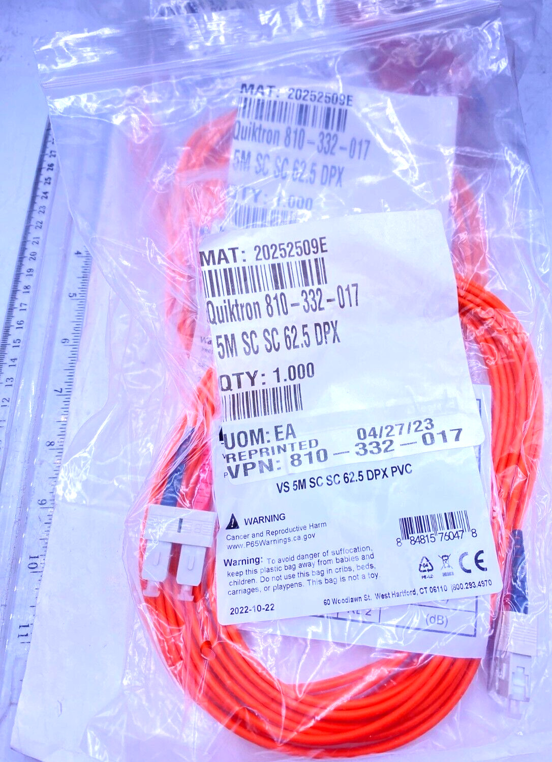 Legrand Quiktron Lot of 4 Fiber Optic 5M SC SC 62.5 DPX Orange 810-332-017 New