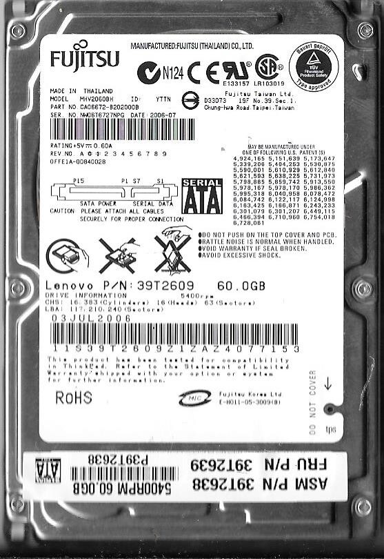 Fujitsu MHV2060BH 60GB Sata Hard Drive P/N: CA06672-B202000B F/W: 00840028