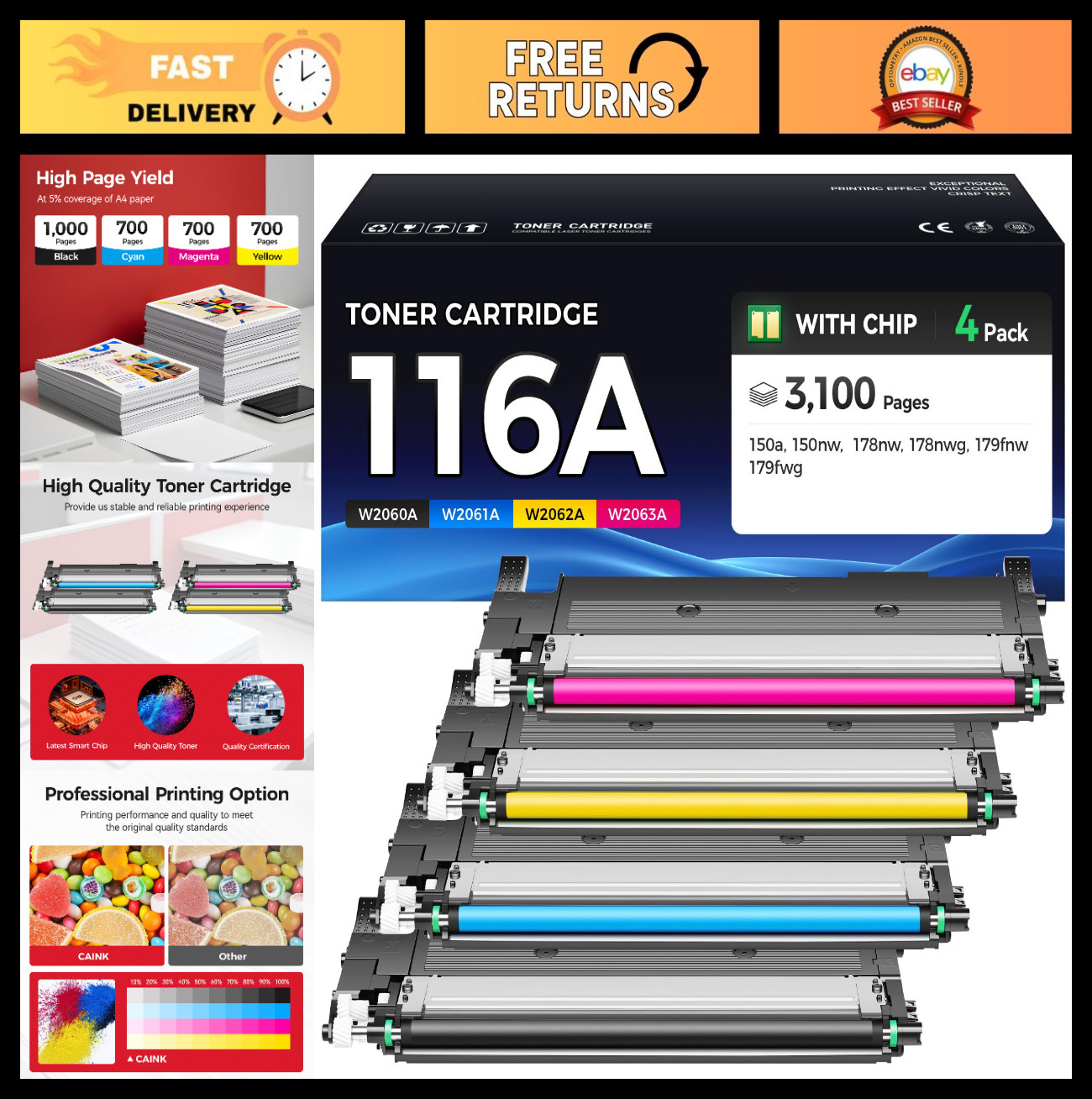 High Yield 116A Toner Cartridge Set 4-Pack - Black, Cyan, Yellow, Magenta Compat