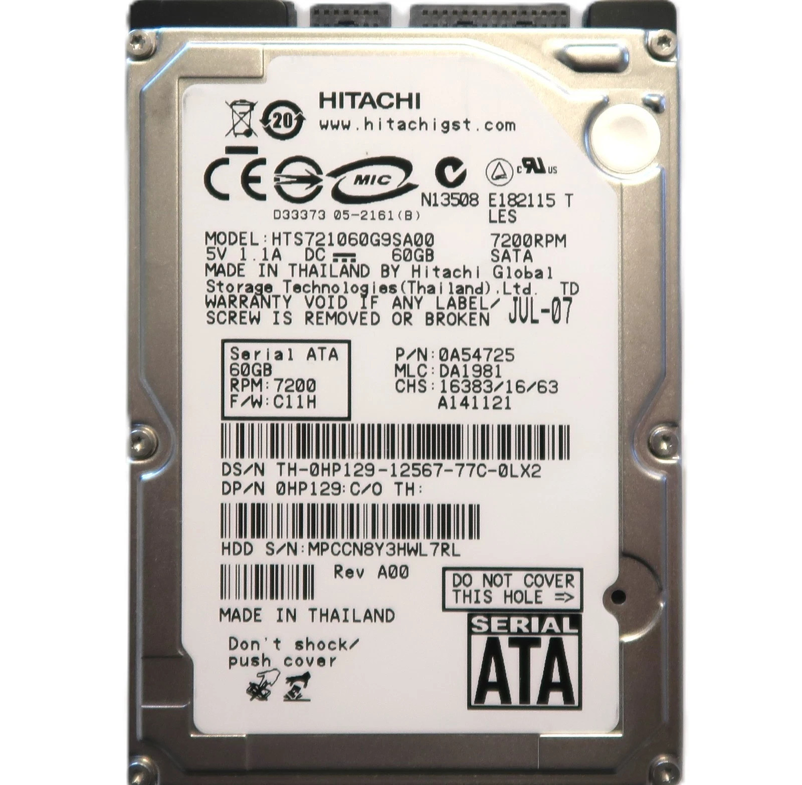 Hitachi HTS721060G9SA00 0A54725 DA1981 Thailand 2.5" 60gb Sata HDD