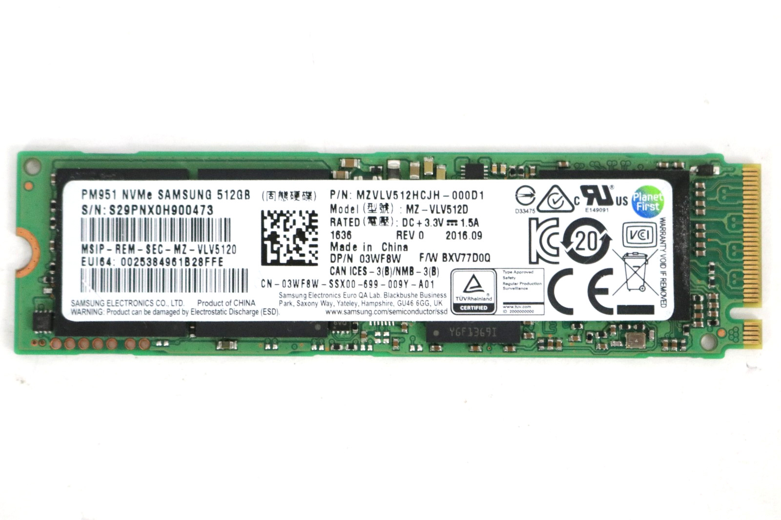 Samsung PM951 512GB NVMe M.2 2280 SSD MZ-VLV512D Dell DP/N 03WF8W