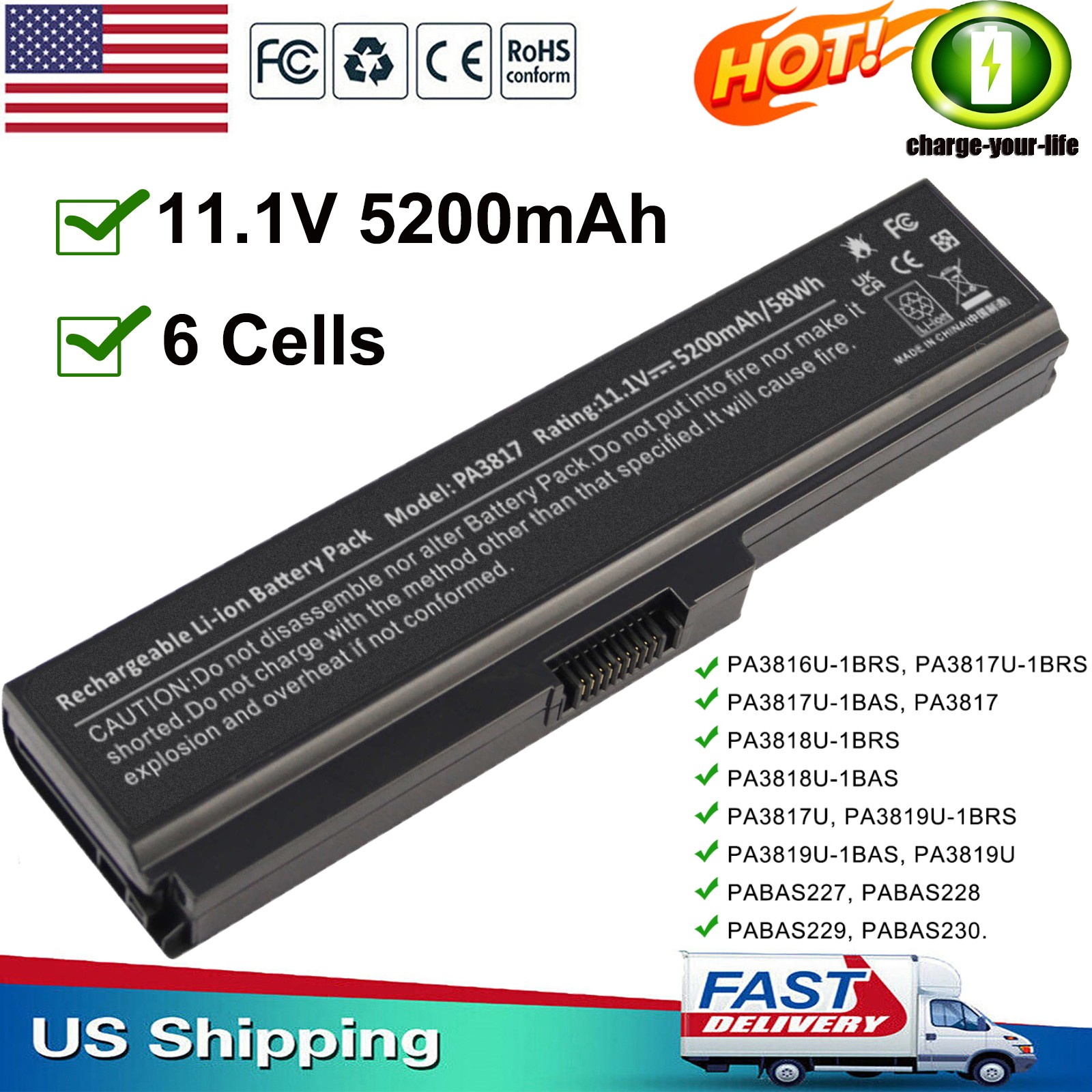 ✅PA3817U-1BRS PA3819U Battery for Toshiba Satellite L745 L750 L755 L755D 58Wh