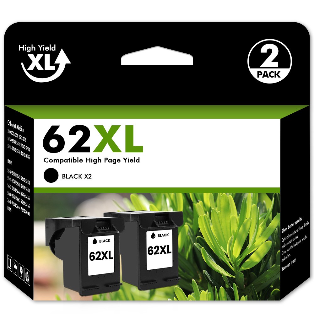 2PK Black for HP 62 XL Ink Cartridge ENVY 5664 5665 7644 OfficeJet 250 5740 8040