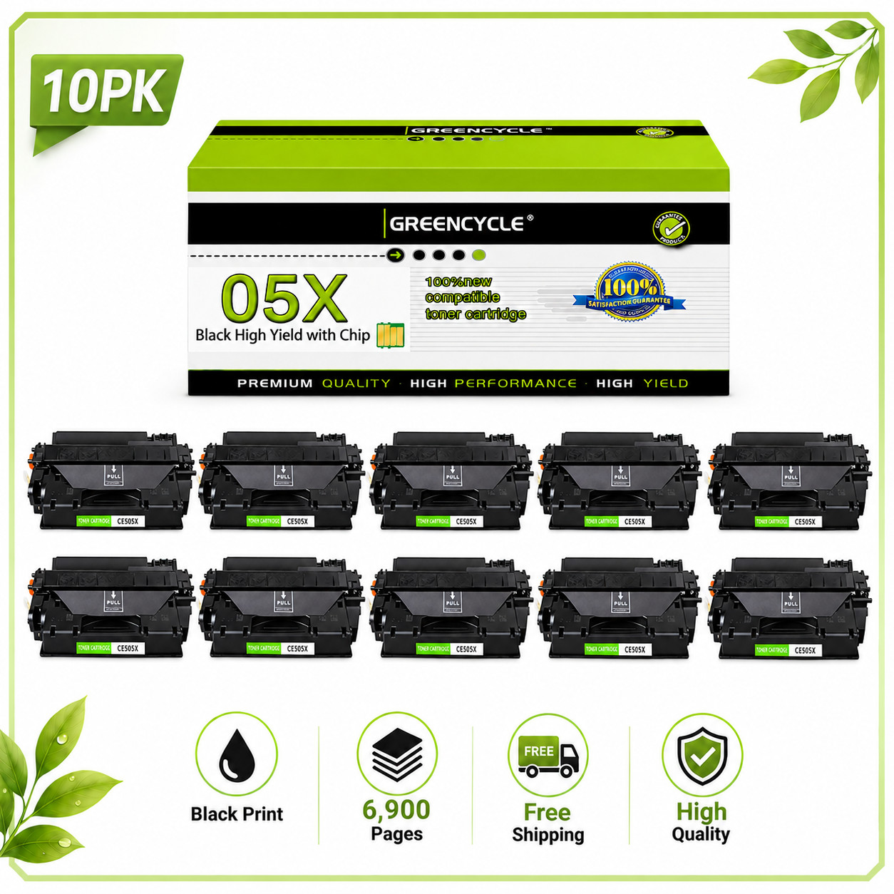 10PK CE505X 05X High Yield Black Toner for HP LaserJet P2050 P2055 P2055x