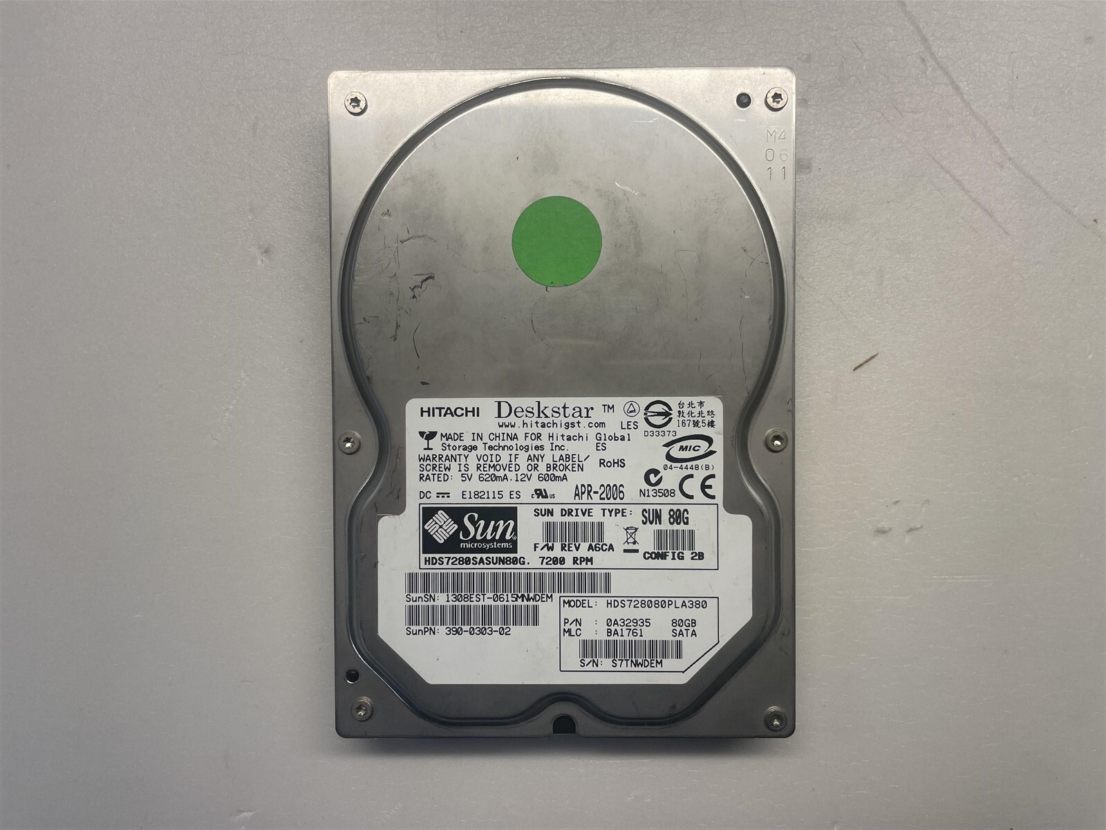 Sun 390-0303 80GB 7200RPM 8MB Cache 3.5” Sata Hard Drive(HDS728080PLA380)