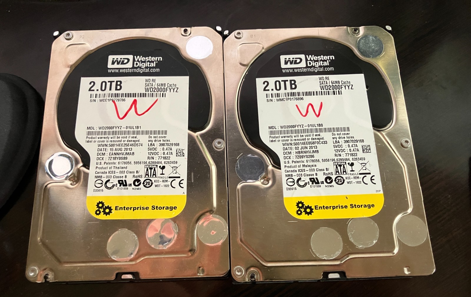 2 Western Digital WD Re 2TB WD2000FYYZ Enterprise 3.5” SATA HDD