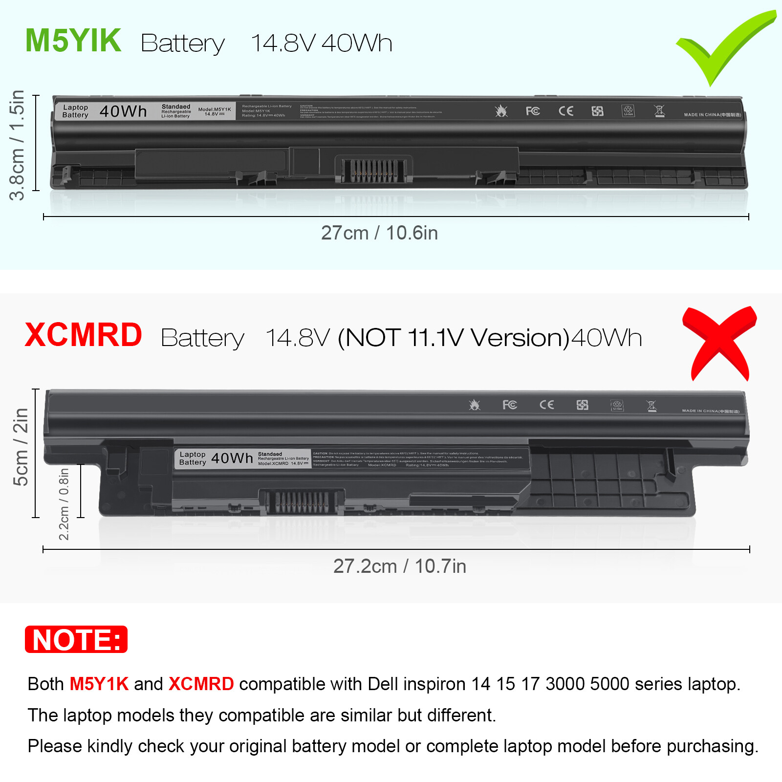 LOT M5Y1K K185W Battery For Dell Inspiron 3451 3458 5455 5551 5555 5558 40Wh