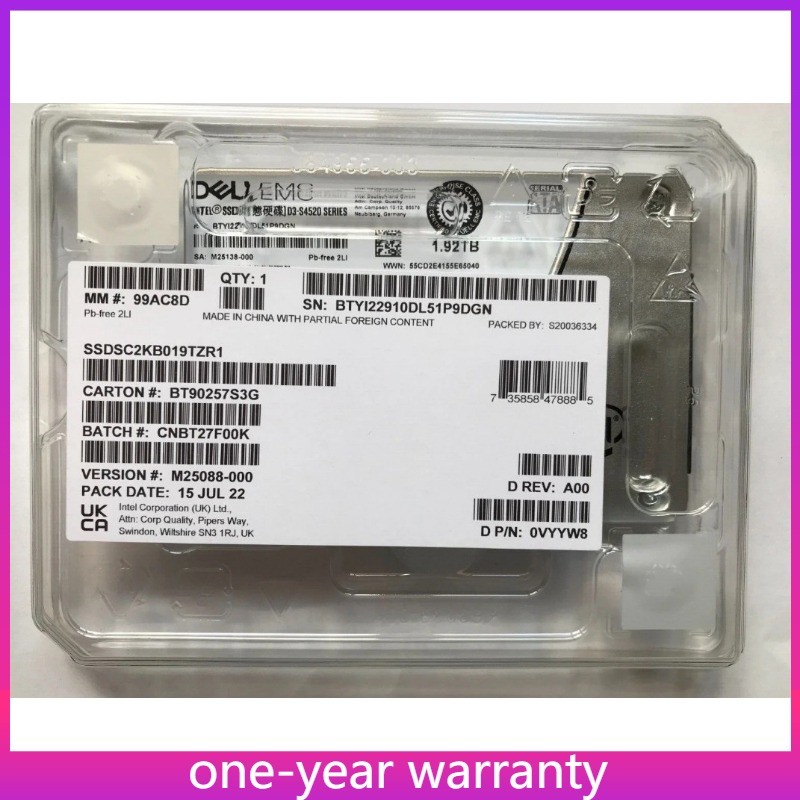 Intel D3-S4520 Dell EMC 0VYYW8 VYYW8 1.92TB 2.5" 6Gbps SATA SSD Drive W/ TRAY