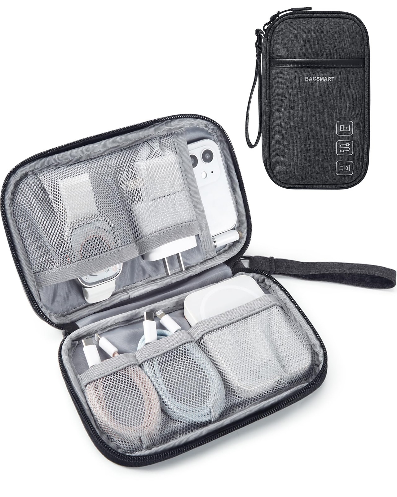 Electronics Travel Organizer For Cords Chargers Phones, Black